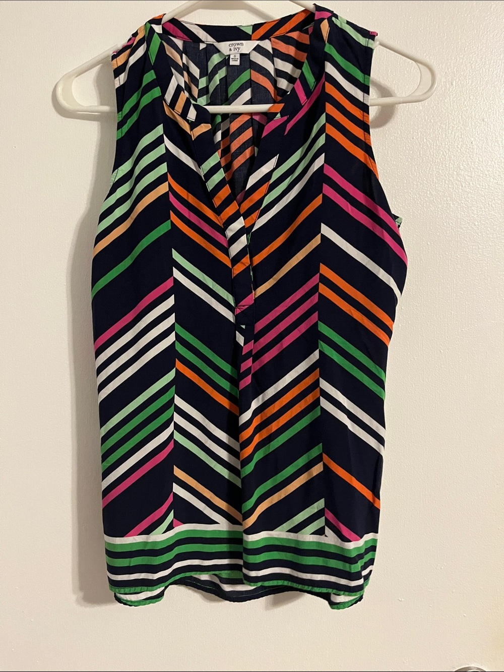 crown & ivy Navy Sleeveless V-Notch Camisole with Multi-Color Diagonal Stripes